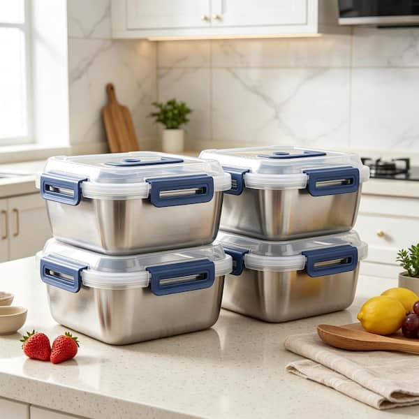 4 PCS Extra-Large Stainless Steel Food Storage Containers with Blue Lids Deep Design, Airtight Seal