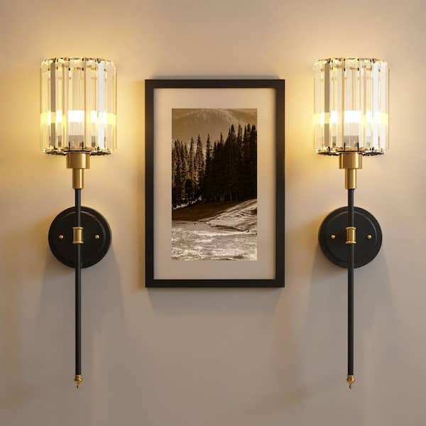 5 in. 1-Light 2-Pack Black Gold Crystal Wall Sconces, Modern Wall Lights for Bedroom, Mirror, or Bathroom Vanity