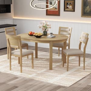 5-Piece Natural Wood Wash Round Extendable Wood Dining Table Set with 2-Small Drawers and 4-Upholstered Dining Chairs