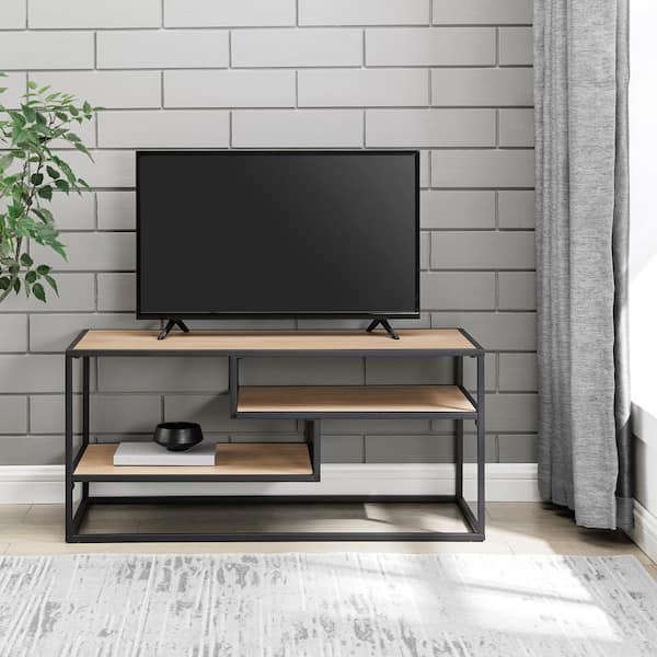 Walker Edison Furniture Company 40 in. Coastal Oak Wood and Metal Modern Open-Storage TV Stand for TVs Up 43 in.