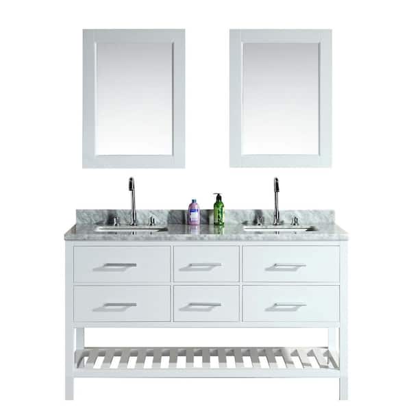 Design Element London 61 in. W x 22 in. D Double Vanity in White with Marble Vanity Top and Mirror in Carrara White
