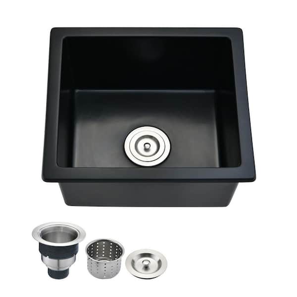 18 in. Drop-In Single Bowl Quartz Kitchen Bar Sink with Basket Strainer in Matte Black Finish