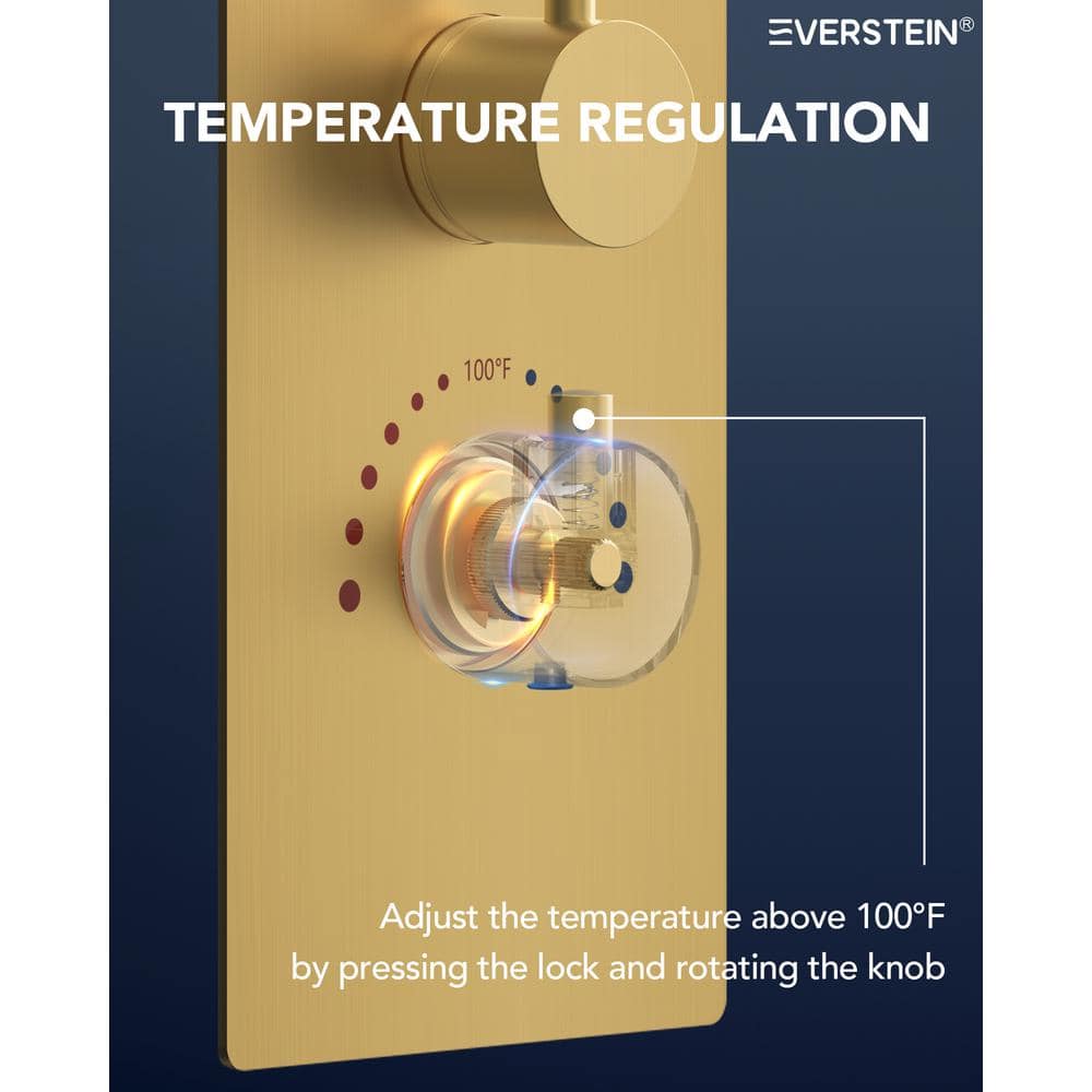 Brushed Gold LED Thermostatic Shower System with 12" Rainfall Head and Body Jets