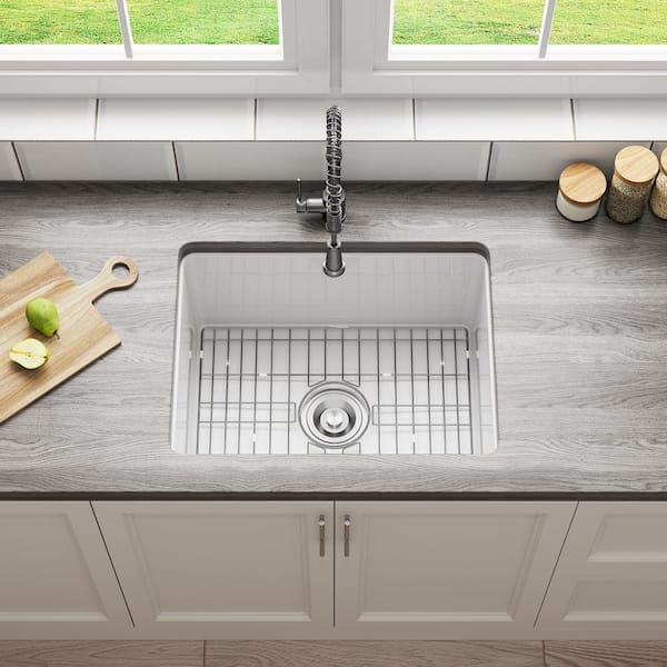Undermount Fireclay 24 in. Single Bowl Kitchen Sink with Bottom Grid and Strainer in White