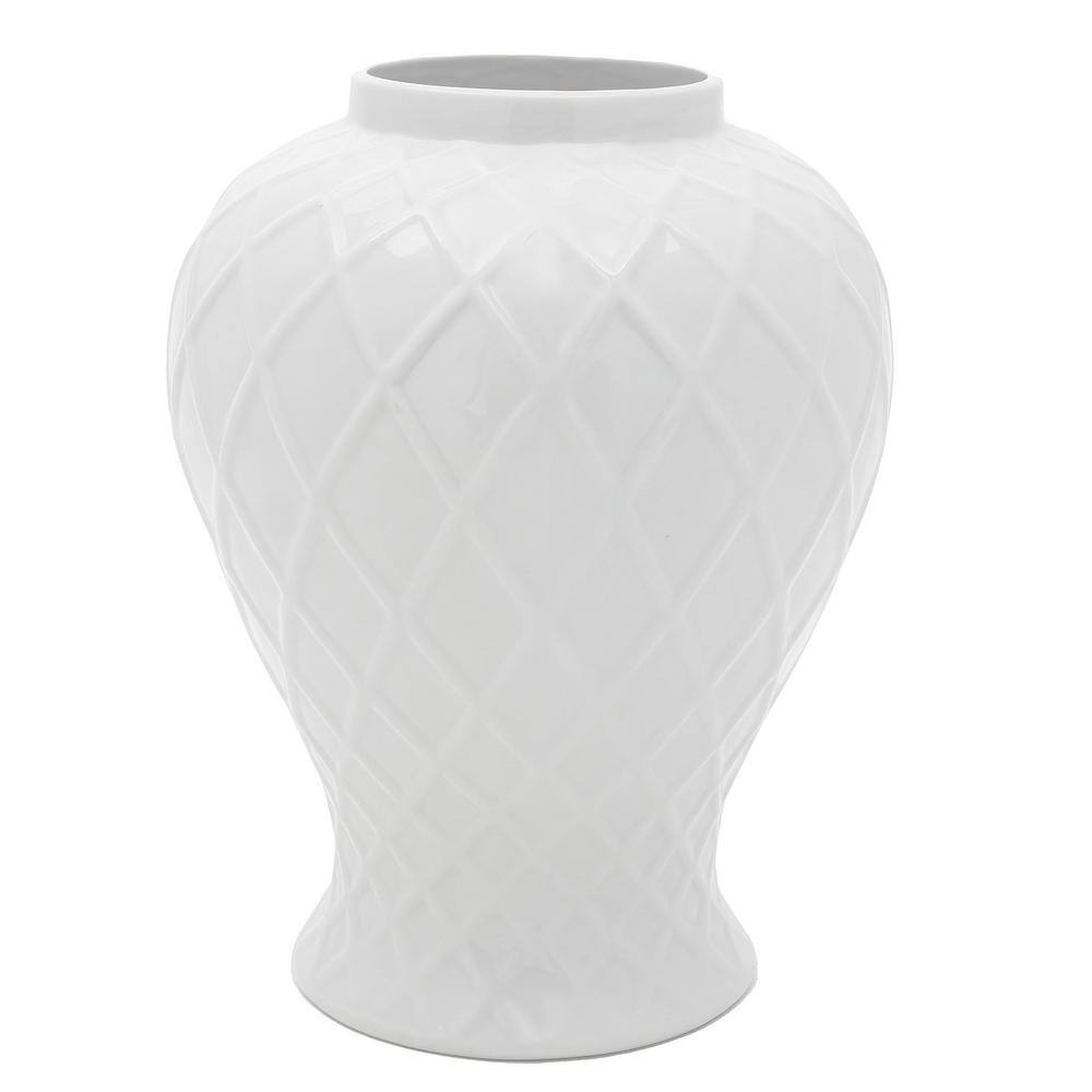 19.5" Glossy White Porcelain Diamond Pattern Temple Jar