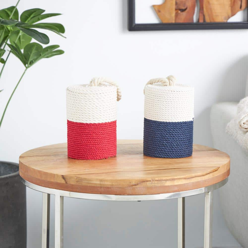 Litton Lane Cream Cotton Fabric Coiled Colorblock Buoy Sculpture with Red and Blue Bases (Set of 2)