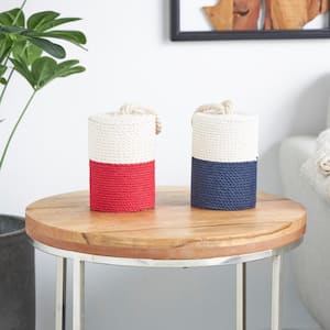 Cream Cotton Fabric Coiled Colorblock Buoy Sculpture with Red and Blue Bases (Set of 2)