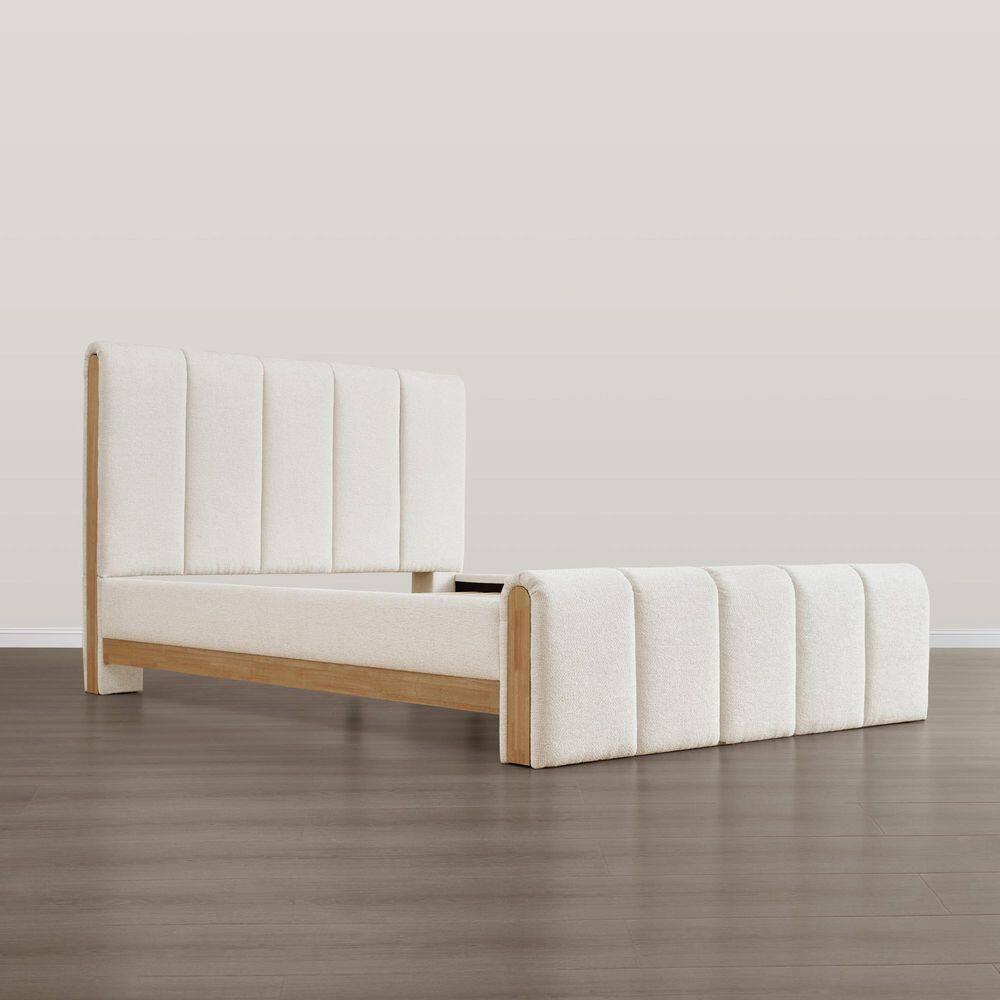 Beige upholstered platform bed frame without mattress.