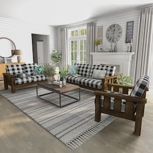 Thu 3-Piece Linen Top Rustic Oak Sofa Set