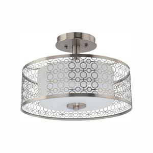 Toberon 14 in. 1-Light Brushed Nickel LED Semi-Flush Mount with Etched Parchment Glass Shade