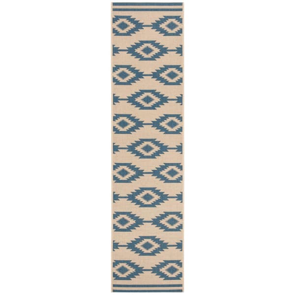 SAFAVIEH Beach House Blue/Cream 2 ft. x 8 ft. Geometric Indoor/Outdoor Patio  Runner Rug