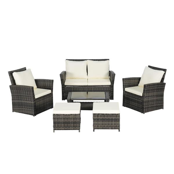 6-Pieces Wicker Outdoor Conversation Sets with Beige Cushions and Tempered Glass Coffee Table