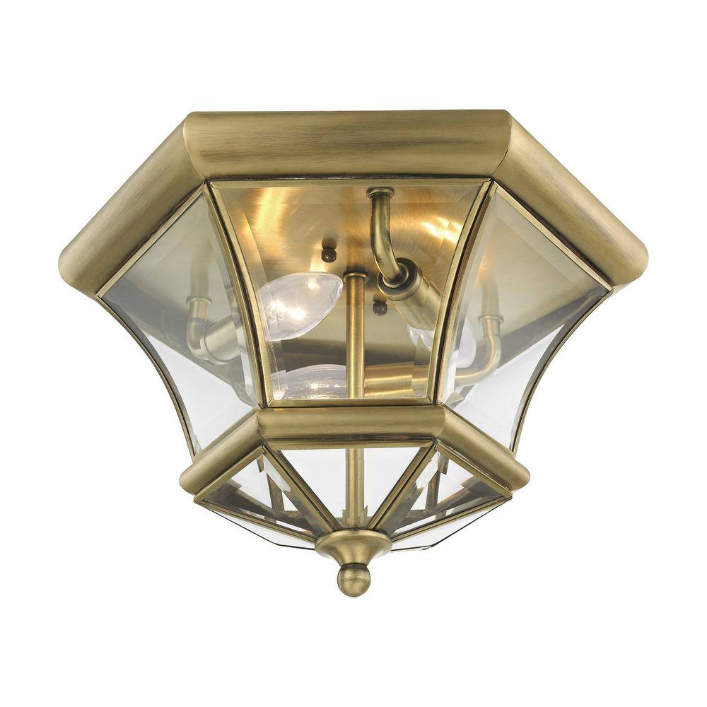 Antique Brass Hexagon 3-Light Outdoor Ceiling Lantern with Clear Beveled Glass