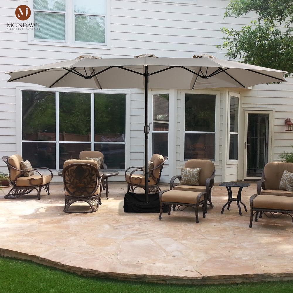Beige 15-ft Steel Double-Sided Patio Umbrella with Base