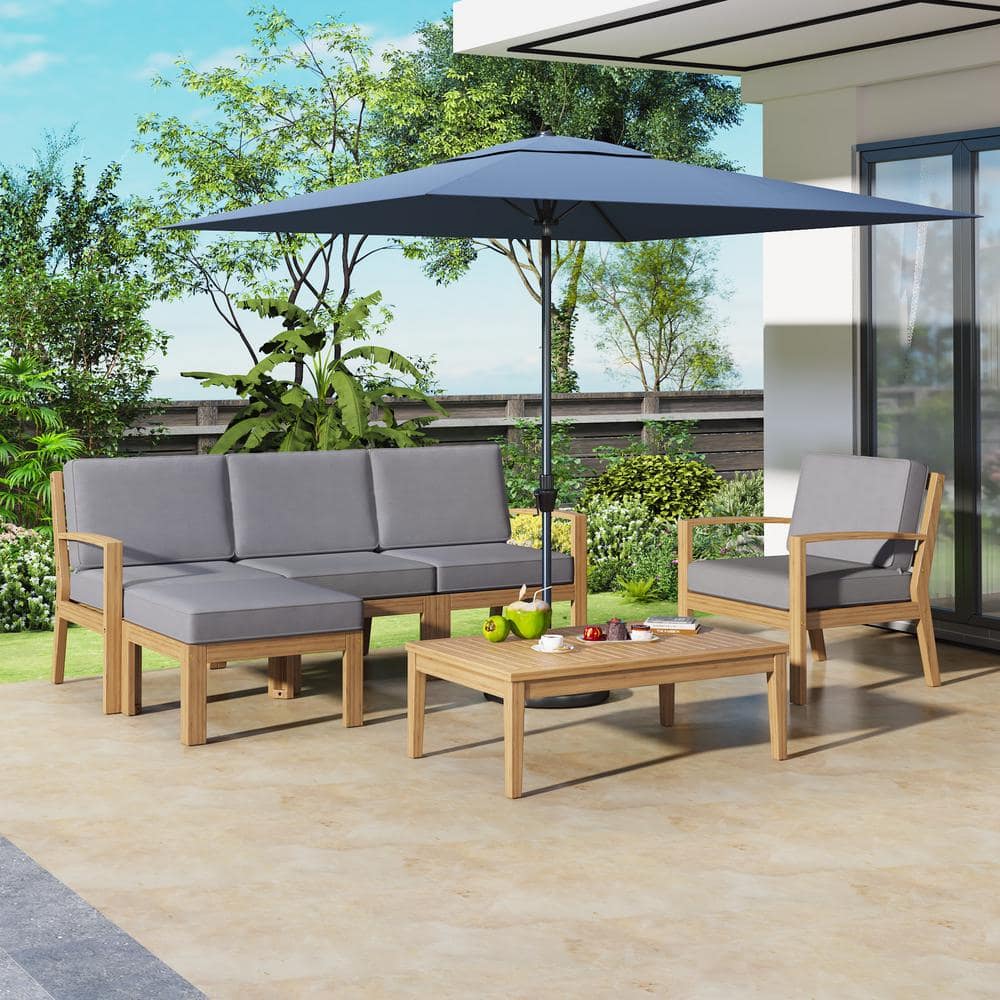 6-Piece Acacia Wood Outdoor Patio Couch Sofa Set with Coffee Table and Remo