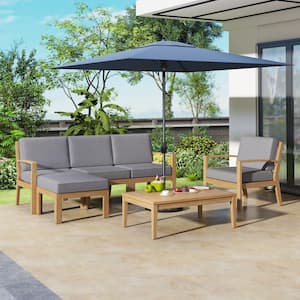 6-Piece Acacia Wood Outdoor Patio Couch Sofa Set with Coffee Table and Removable Seat Cushions for Garden Poolside Gray