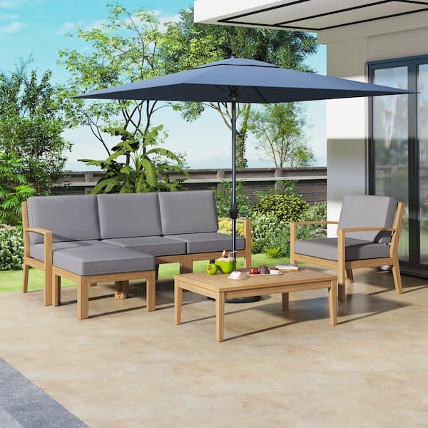 Unbranded 6-Piece Acacia Wood Outdoor Patio Couch Sofa Set with Coffee Table and Removable Seat Cushions for Garden Poolside Gray