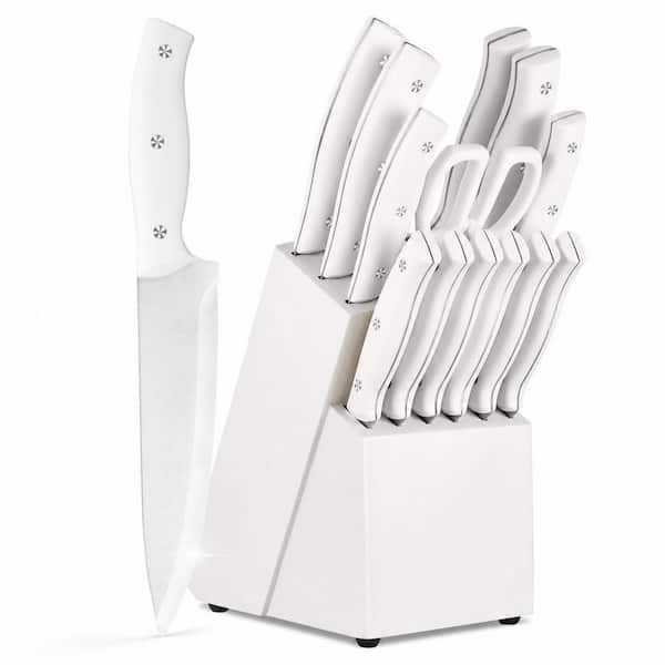15-Piece White Stainless Steel Kitchen Knife Set with Built-In Sharpening Stone and Knife Holder