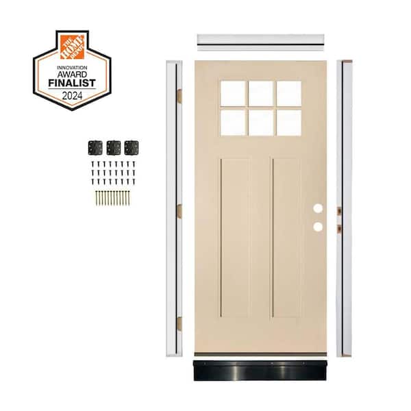 DIY 36in.x79in. Craftsman 6-Lite Clear Glass Left-Hand Wood-Texture Fiberglass Front Door Kit w/ Quick Assemble Jamb