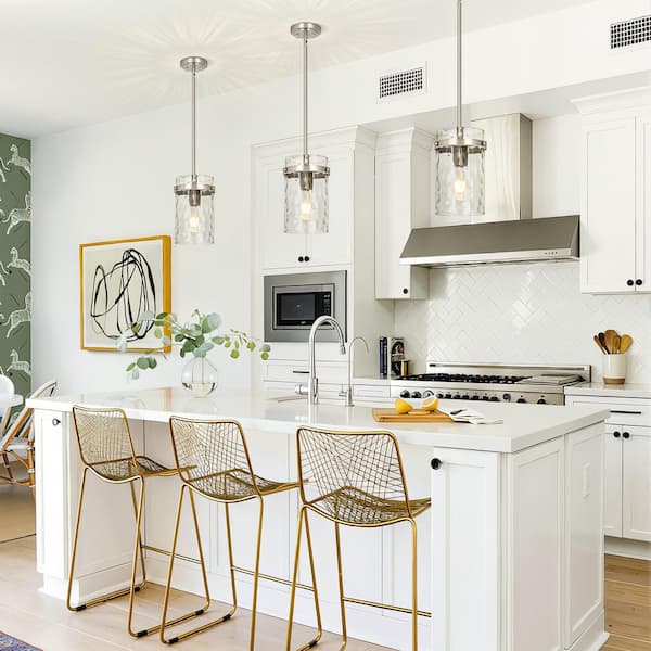 Modern Brushed Nickel Adjustable Kitchen Island Pendant Light with Medium 5. 1in Diameter Clear Hammered Glass Shade