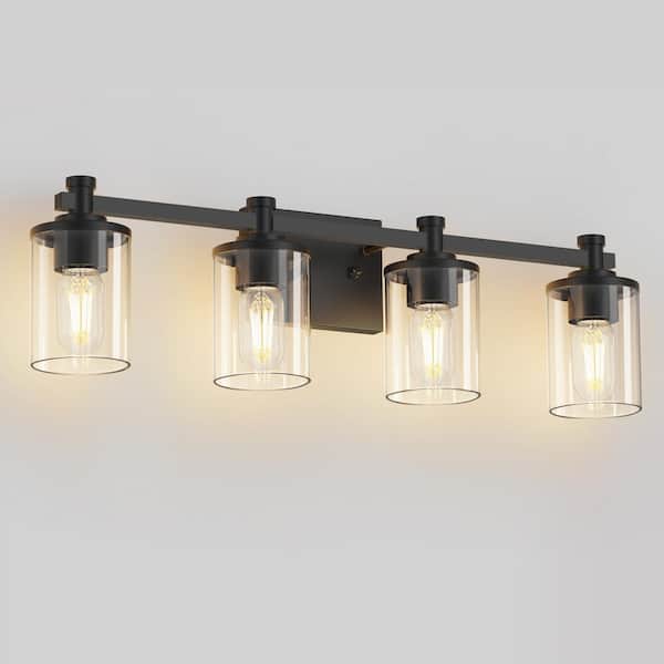 28 in. 4-Light Matte Black Cylinder Vanity Light with Clear Glass Shades for Modern Industrial Bathrooms
