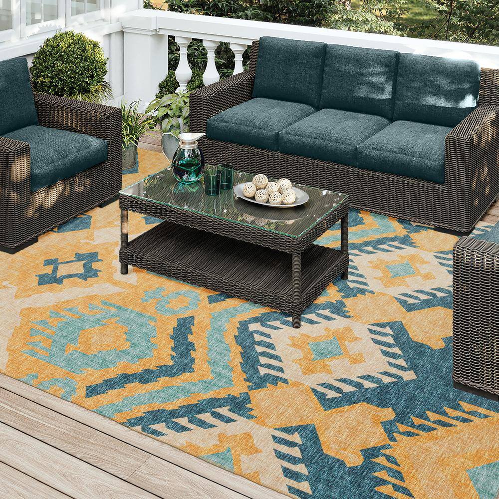 Yuma Yellow and Blue Chenille Rectangular Washable Area Rug 5' x 7'