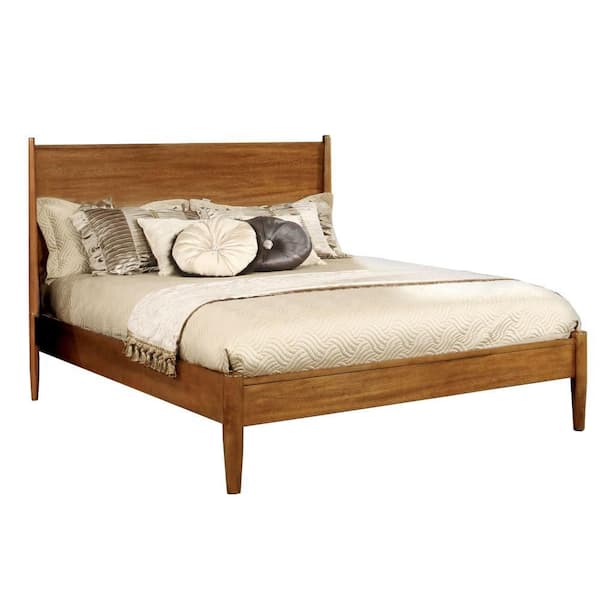 Benjara Mid Century Modern Oak Brown Wood Frame Queen Platform Bed with Round Tapered Legs