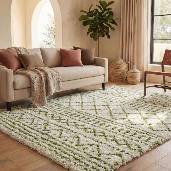 Arizona Shag Ivory/Green 2 ft. x 4 ft. Geometric Lodge Area Rug