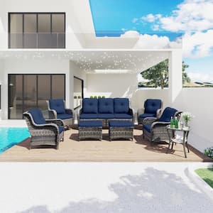 8-Piece Wicker Outdoor Patio Conversation Sectional Set with Blue Cushions