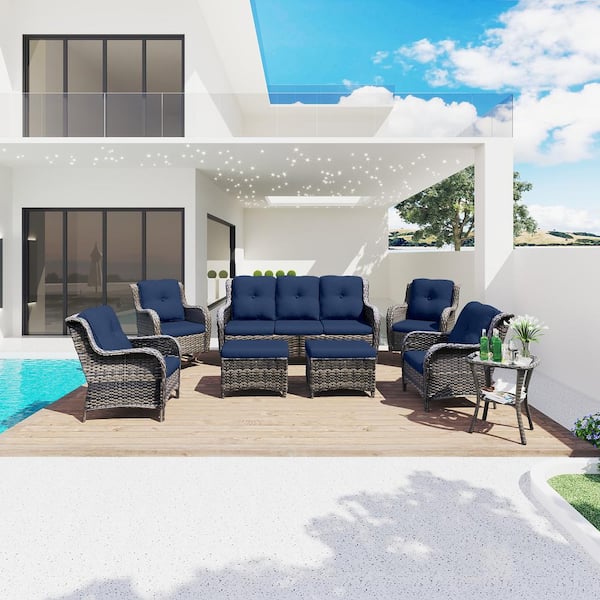 Gardenbee 8-Piece Wicker Outdoor Patio Conversation Sectional Set with Blue Cushions
