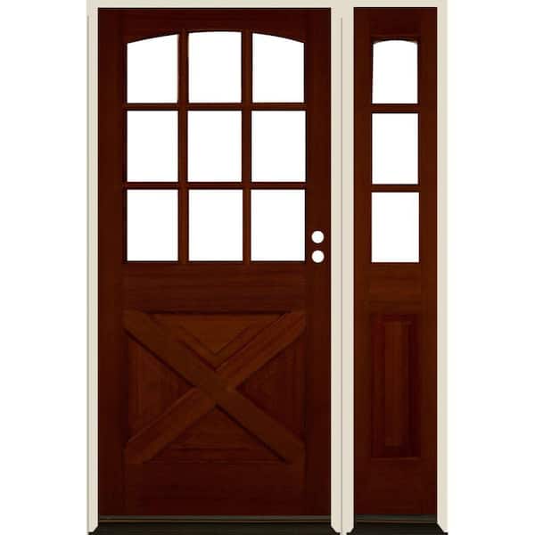 Krosswood Doors 50 in. x 80 in. Farmhouse X Panel LH 1/2 Lite Clear Glass Red Chestnut Stain Douglas Fir Prehung Front Door with RSL