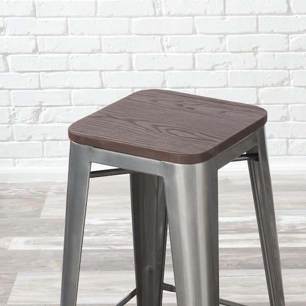 Finwick Gunmetal Gray Backless Bar Stool with Dark Wood Seat (Set of 2)