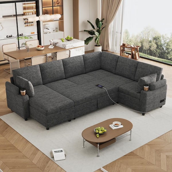 109.9 in. Chenille Sectional Sofa in. Gray with 2 Cup Holders 2 USB Ports Under-Seat and Arm Storage Sofa Sleeper