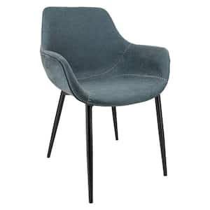 Markley Peacock Blue Modern Leather Dining Arm Chair with Black Metal Legs