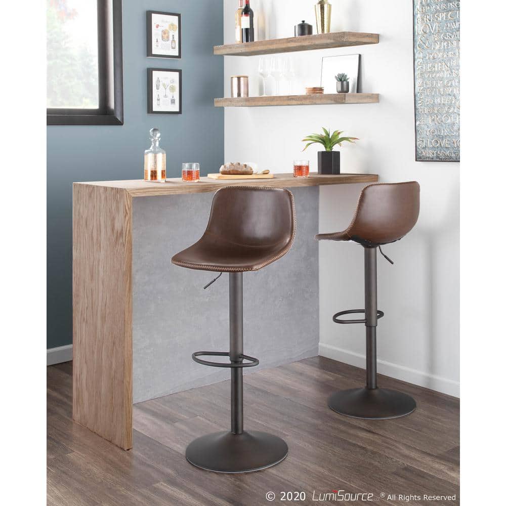 Industrial Adjustable Swivel Bar Stools in Brown Faux Leather