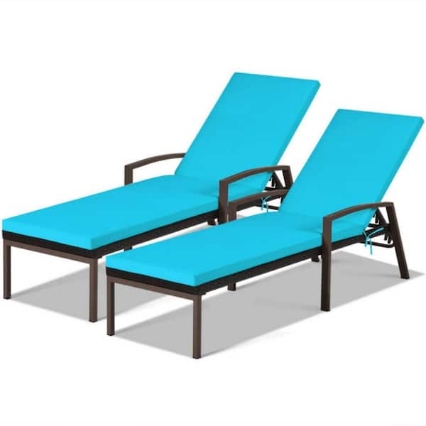 Clihome 2-Piece Wicker Outdoor Adjustable Back Patio Chaise Lounge Chair with Turquoise Removable Cushions and Armrest
