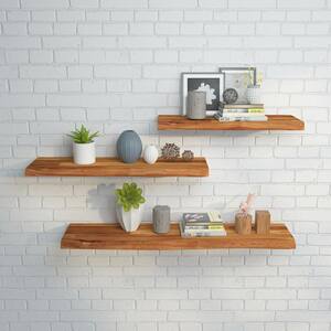 Solid 2.3 ft. L x 10 in. D x 1.5 in. T, Acacia Butcher Block Countertop Floating Wall Shelf, Golden Teak with Live Edge