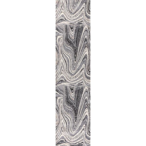 Eleni Charcoal/Cream 2 ft. x 8 ft. Contemporary Glam Abstract Marble Runner Rug