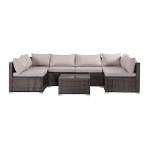 7 Brown Pieces Wicker Outdoor Sectional Set with Table and Gray Cushions