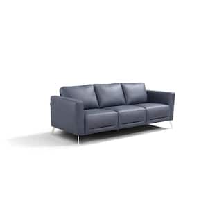 Amelia 85 in. Rolled Arm Leather Rectangle Nailhead Trim Sofa in Blue