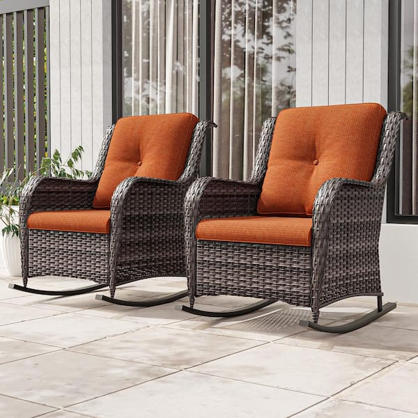Wicker Outdoor Rocking Chair Patio with Orange Cushion (2-Pack)