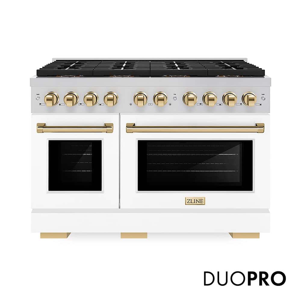 ZLINE Kitchen and Bath Autograph 48 in. 6.7 cu. ft. Paramount Gas Range with 8 Burners and Dual Ovens with White Matte Doors and Polished Gold