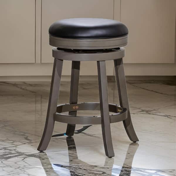 Benjara 24 in. Black and Gray Backless Wood Frame Bar Stool with Leather Seat