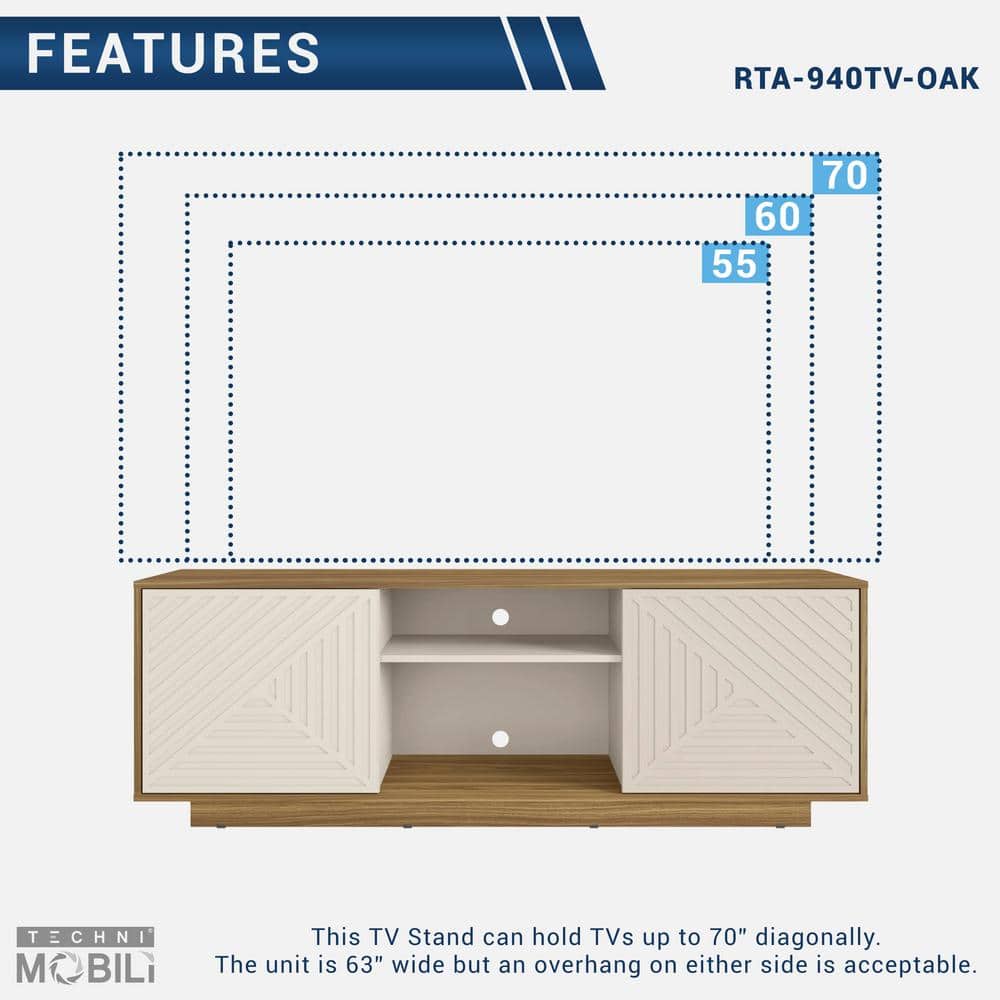 Modern Oak and White Chevron Pattern TV Stand with Cabinets