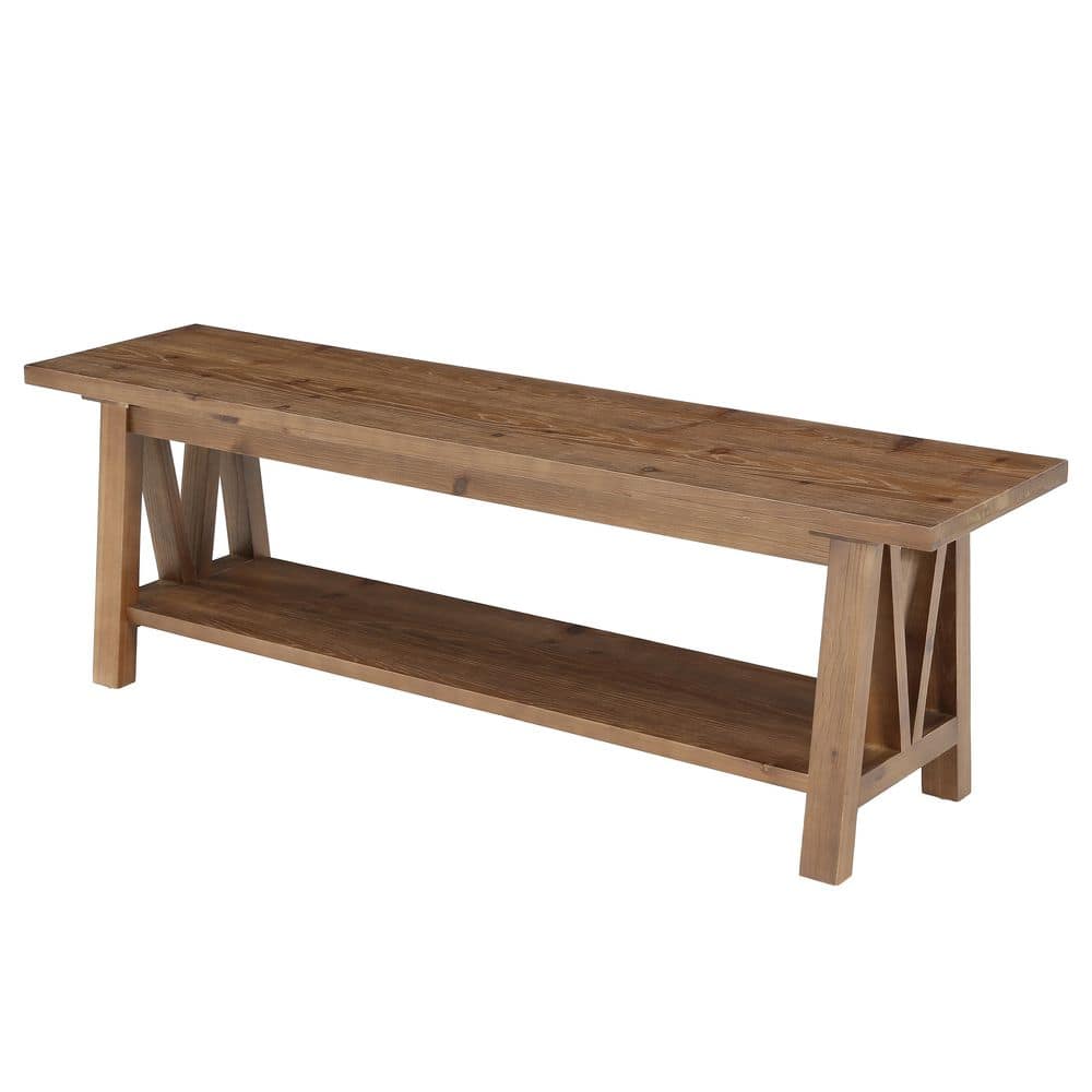 Brown 55.12 in. Solid Wood Eentryway Bench with Storage Shelf, Farmhouse Shoe Storage Bench, Bed Bench