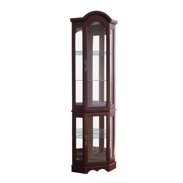 Goujxcy Lighted Curio Cabinet - Glass Display Case With Mirrored Back, Adjustable Shelves, Cherry Finish