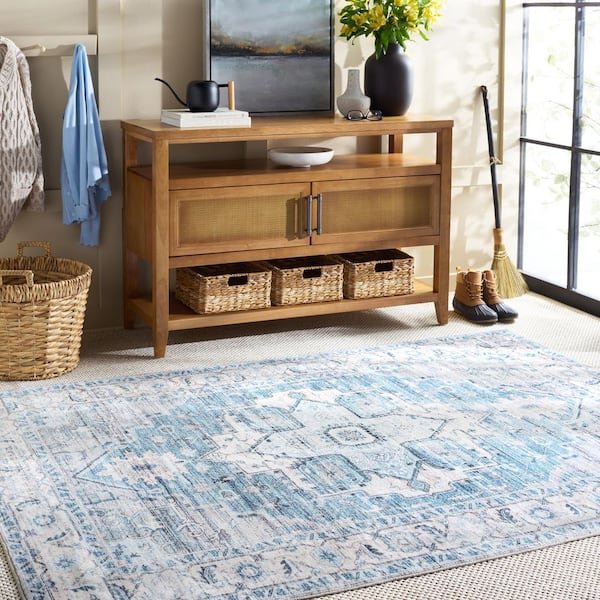 Martha Stewart Washable Gray/Turquoise 5 ft. x 7 ft. Machine Washable Floral Medallion Area Rug