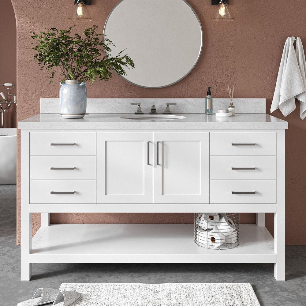 Magnolia 60 in. Single Sink Freestanding Bathroom Vanity in White with Carrara White Marble Top price history on PriceWatchPro