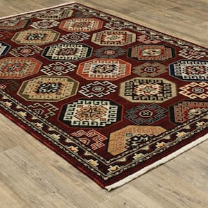 Lillian Red/Multi-Colored 10 ft. x 13 ft. Traditional Oriental Geometric Wool/Nylon Blend Fringed Indoor Area Rug