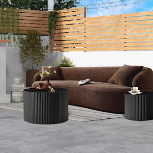 Black 23.62 in. Nesting Table Handcrafted Relief MDF Outdoor Coffee Tables and 18.9 in. Small Side Table Set of 2